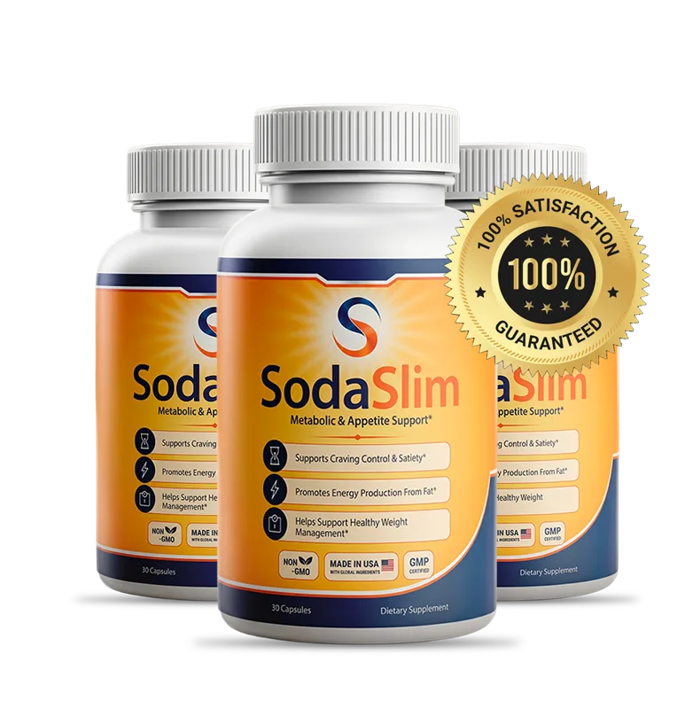 Three bottles of SodaSlim with the 100% satisfaction guarantee seal